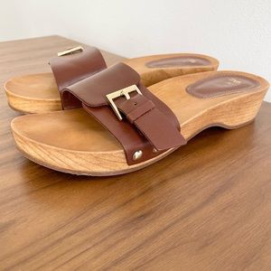 Zara flat leather sandals with wood effect soles cognac brown leather upper
